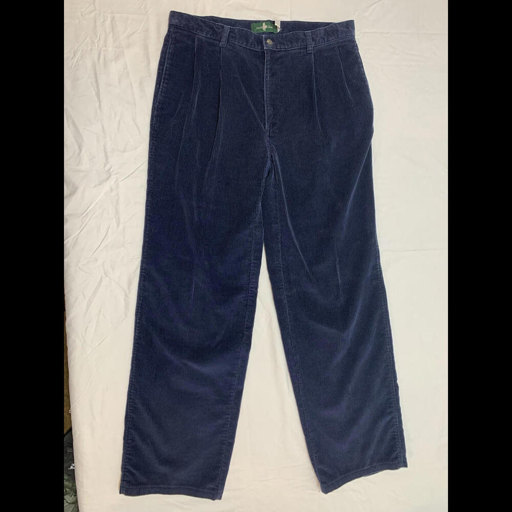 VTG 80s 90s Hunt Club Navy Blue Wide Wale Corduroy Pleated Pants Men’s 34 X 30